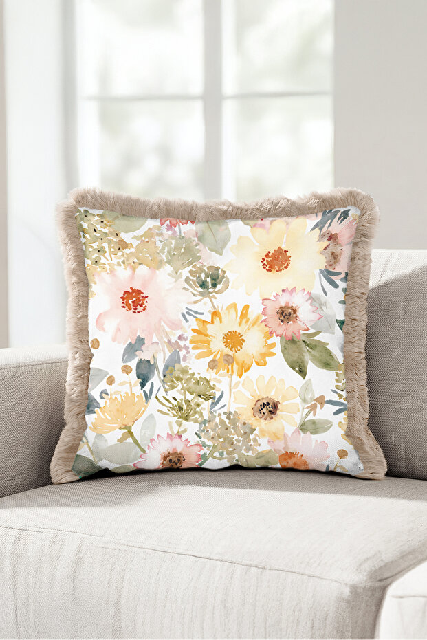 Floral Pastel Spring Fringed Pillowcase - Watercolor Botanical Green Mink Tassel Throw Pillow Cover