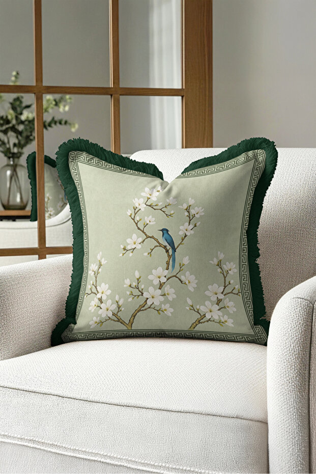 Luxury Floral Bird Design Fringed Pillowcase - Botanical Green Cream Black Tassel Throw Pillow Cover