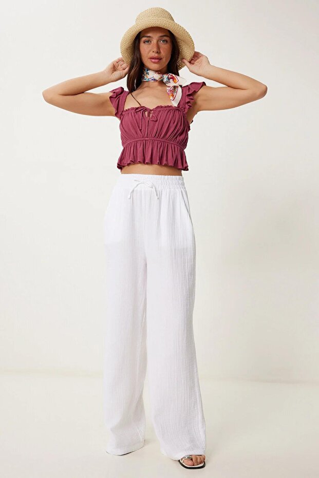 Women's Ecru Elastic Waist Wide Leg Muslin Trousers