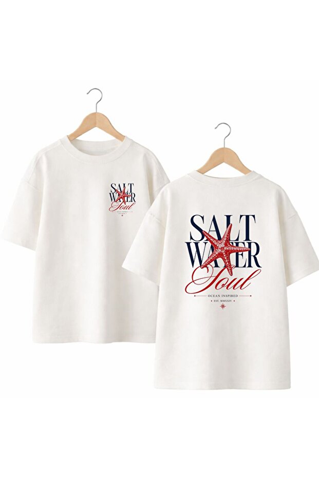 Salt Water Printed Back and Front Chest 100% Cotton Oversize Loose Regular Fit Crew Neck T-Shirt
