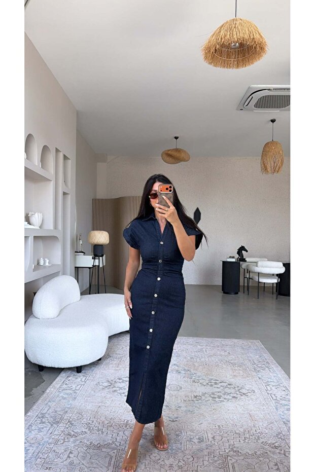 Navy Blue Lycra Premium Jean Dress