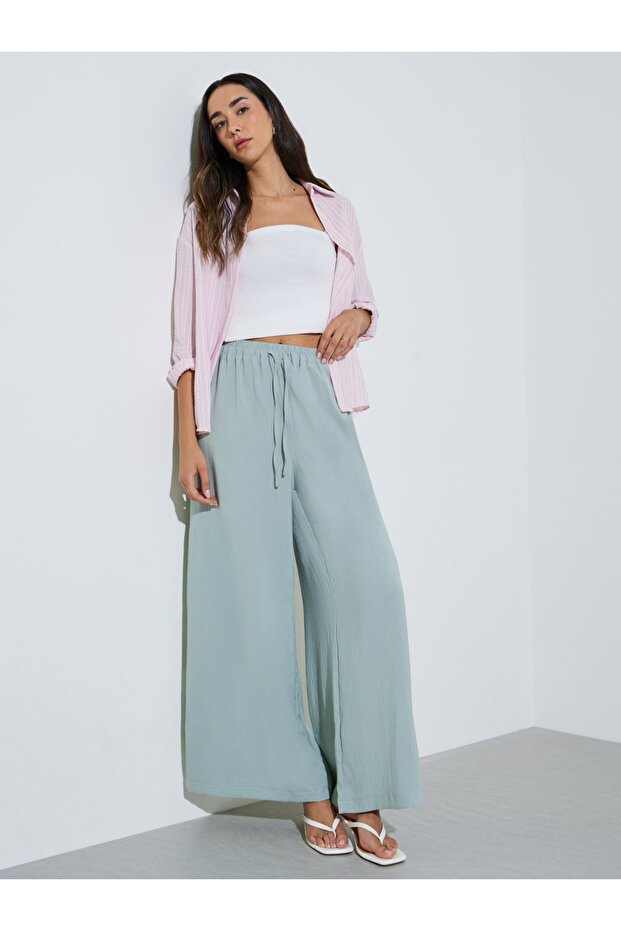 Blue Solid Drawstring Waist Wide Leg Pants