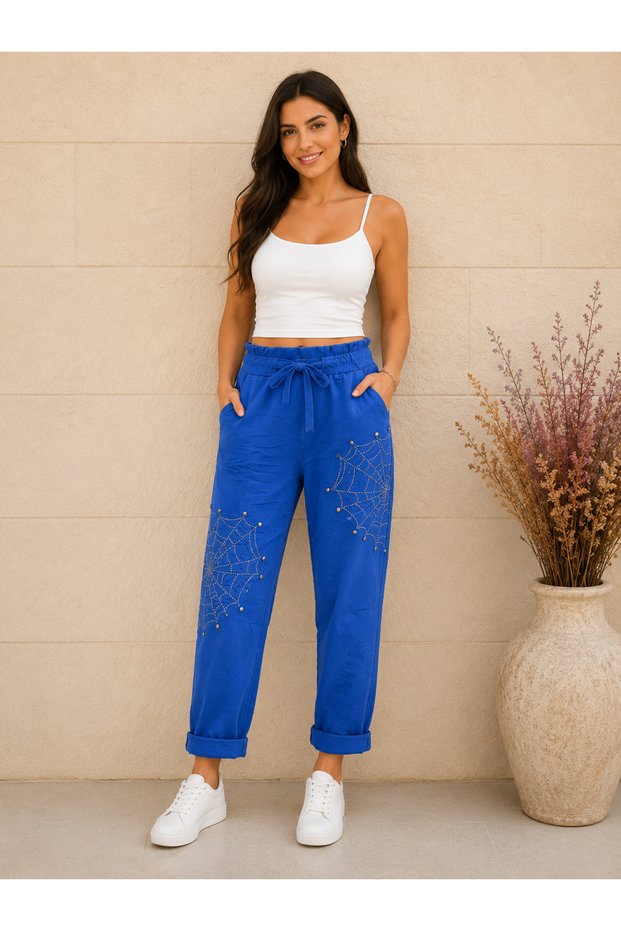 Women's Original Italian Full-Ligral Elastic Waist Spider Web Detailed Tie-Up Pants 38-44