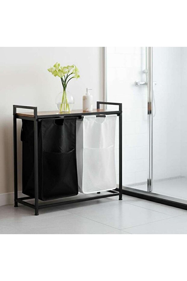 Atlee Metal Frame Laundry Hamper 75.5x33x73cm - Black/White