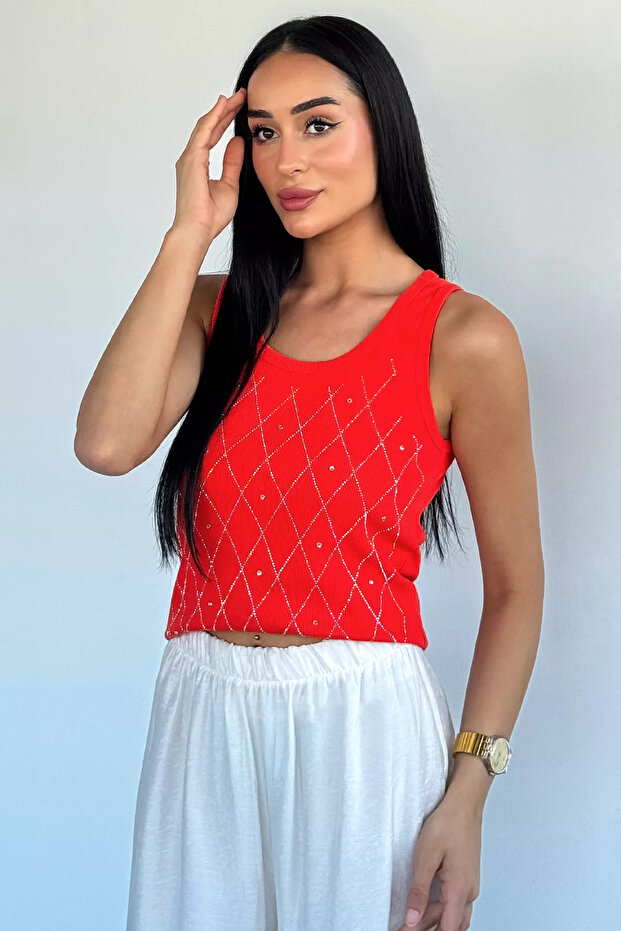 Pomegranate Flower Front-Stone Embellished Camisole Blouse