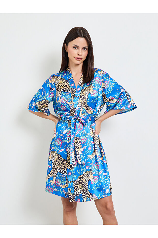 Blue Leopard Print Satin Robe