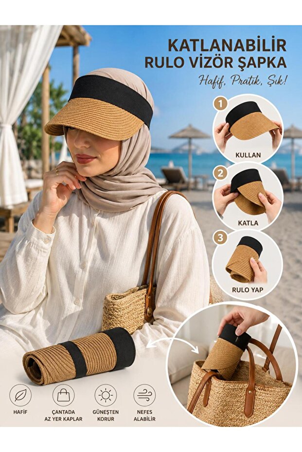 Foldable Roll-Up Straw Visor Hat, Women's Summer Straw Sun Hat, Portable Beach Hat in a Bag