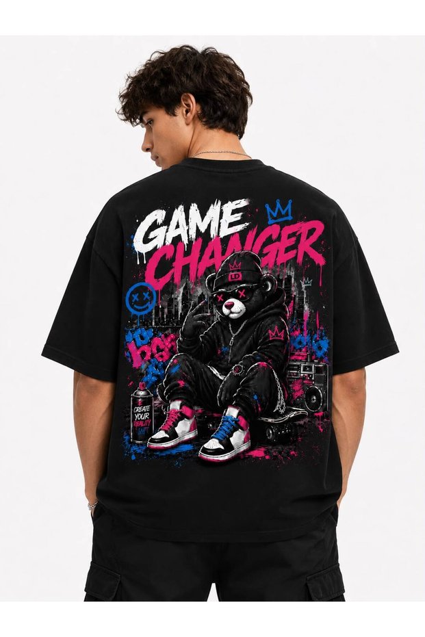Graffiti Bear Oversized Men's T-Shirt with Printed Back
