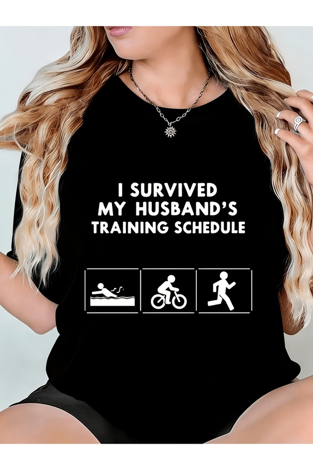 تي شيرت نسائي بطبعة I Survived My Husbands، ذو رقبة دائرية مريحة، قابل للغسل في الغسالة، مناسب للارتداء اليومي