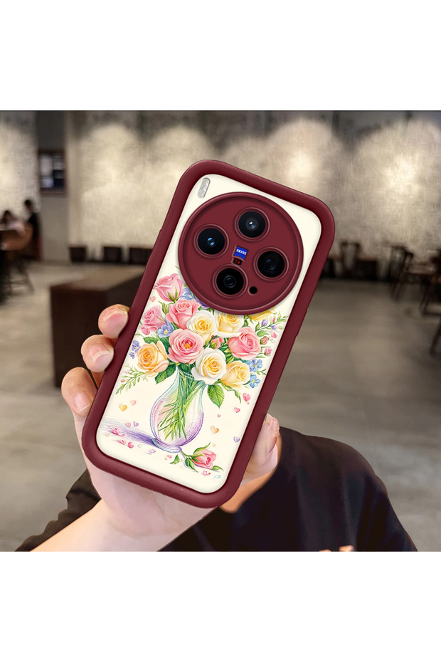 Vivo X300 Compatible Case Camera Protector Claret Red Silicone Couple Phone Case Floral Pattern