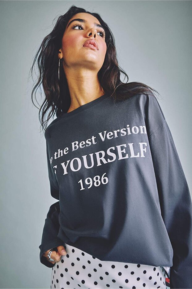 100% Cotton Oversized Crew Neck Printed Long Sleeve Anthracite T-Shirt I2915Ax26Au