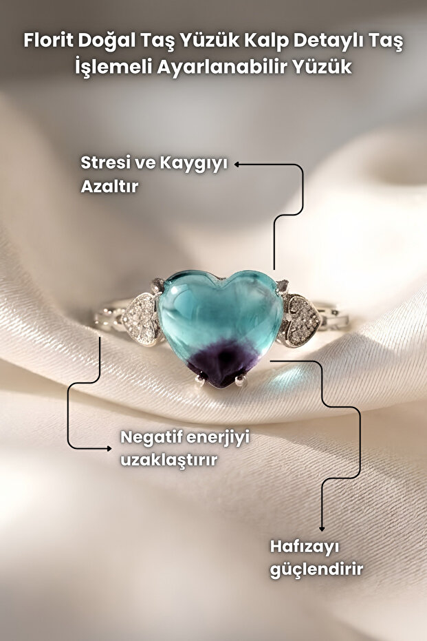 Fluorite Natural Stone Ring Heart Detailed Stone Embellished Adjustable Ring