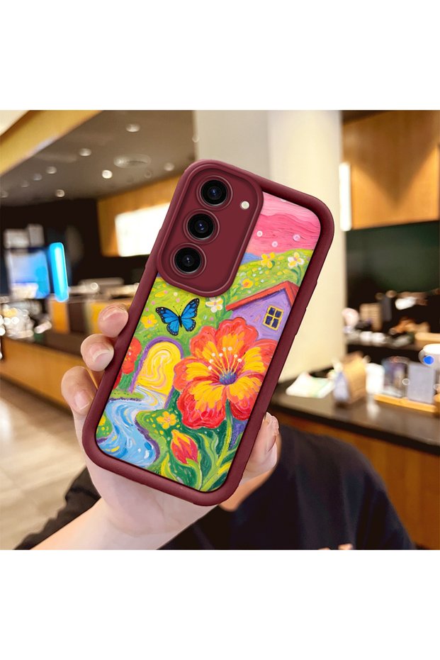 Samsung Galaxy S23 Compatible Case Camera Protector Burgundy Silicone Couple Phone Case Butterfly Pattern