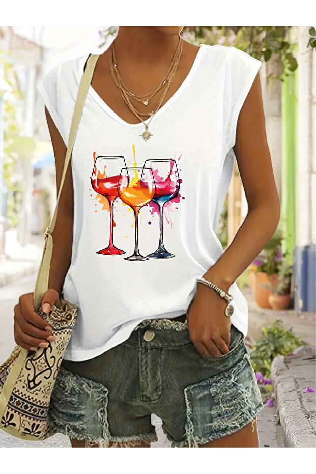 Women's Mix Printed V-Neck Sleeveless Regular Fit Comfortable T-Shirt