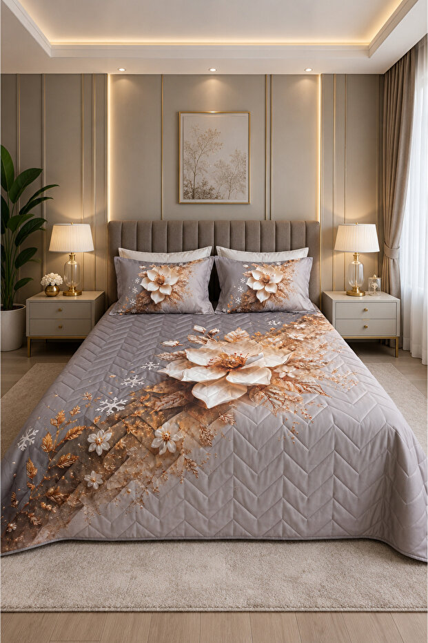 Kardelen Four Seasons Quilted Double Duvet Cover Set with 6-Piece Fitted Sheets