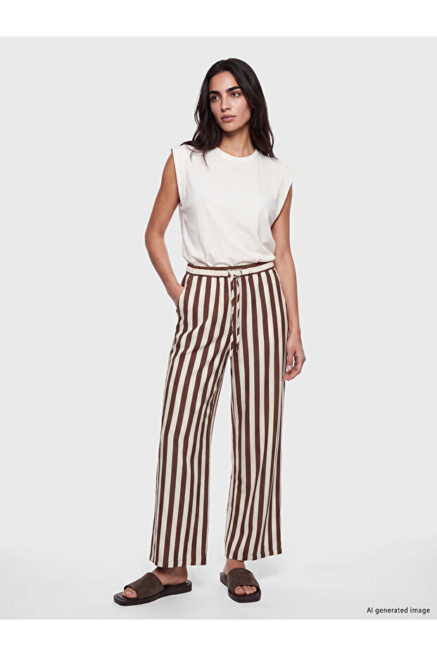 Lcw Vision Brown Elastic Waist Striped Women's Trousers