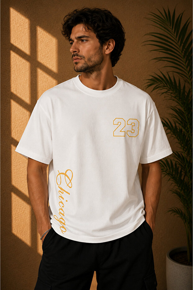 Unisex Oversize Chicago 23 Vertical Printed Premium T-Shirt 100% Cotton Crew Neck T-Shirt