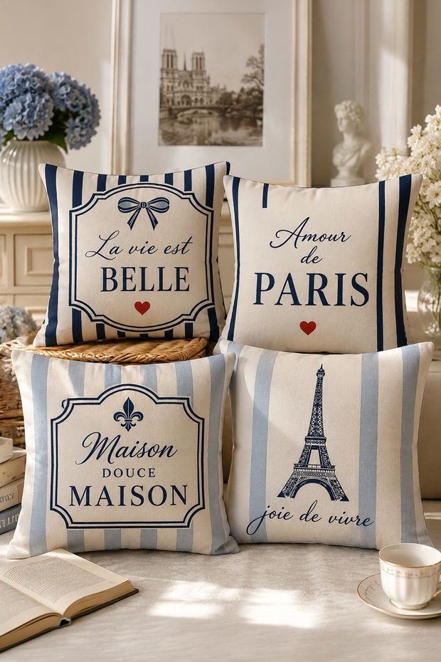 Amour De Paris Patterned 4-Piece Throw Pillow Cover Set