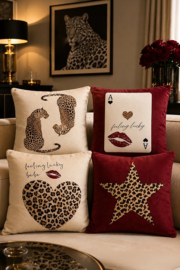 Leopard and Playing Card Patterned 4-Piece Throw Pillow Cover Set