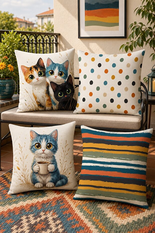 Cute Cats Patterned 4-Piece Throw Pillow Cover Set
