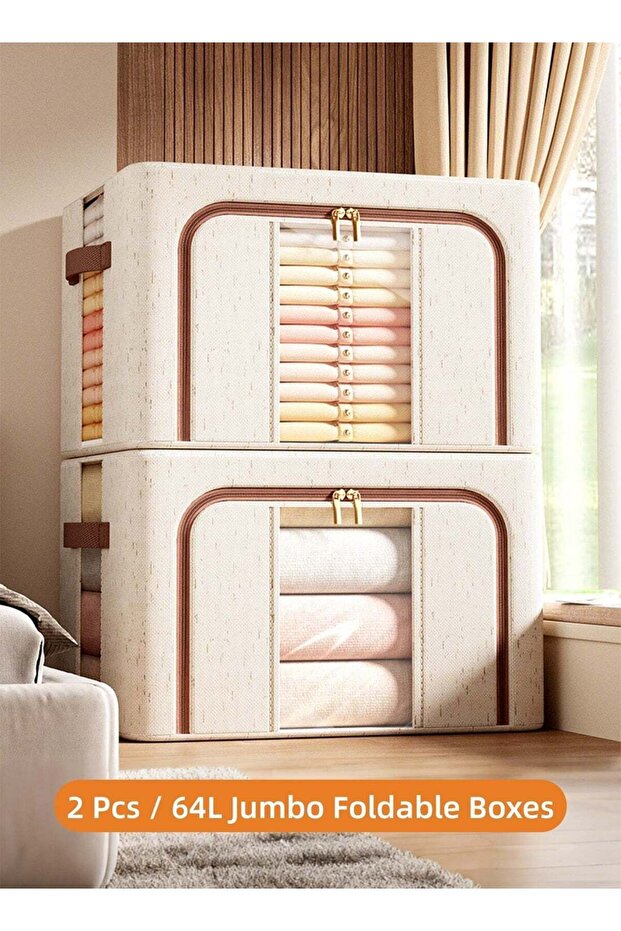 SOTEN 2 Pcs Jumbo Storage Boxes with Windows & Steel Frame, Extra Large Foldable Closet Storage Bins with Lids, Front & Top Access Fabric Storage Boxes for Seasonal Clothes, Blankets & Bedding, Washab
