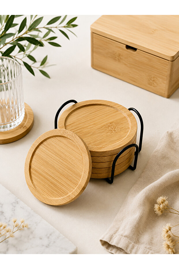 طقم قواعد أكواب من الخيزران مكون من 5 قطع مستديرة بقطر 10 سم لحماية الطاولة