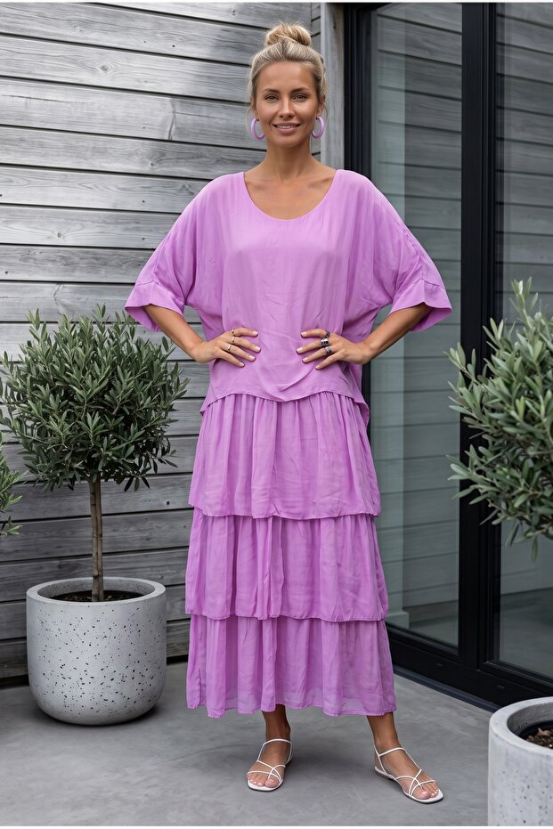 Italian Lilac Pool Collar Short Sleeve Lined Layered Silk Woven Dress 130 60