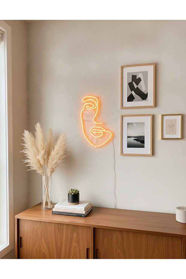 Soyut Yüz Figürlü LED Neon Duvar Tablosu | Amber Aydınlatmalı Modern Dekor | Salon - 5