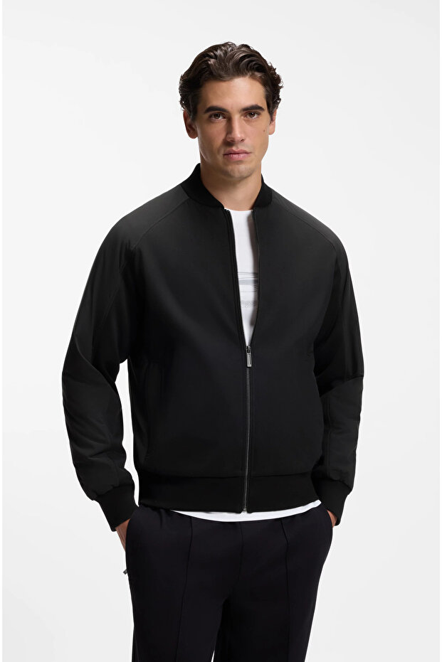 Men's Regular Fit Alcantara Jacket with Stitching Detail, Metallic Logo, Lined, Long Sleeve, Black
