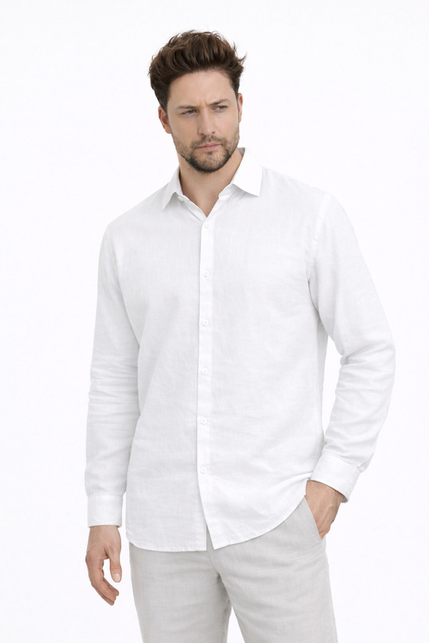 Men's Shirt - Linen Long Sleeve Shirt with Cuffs - 4760