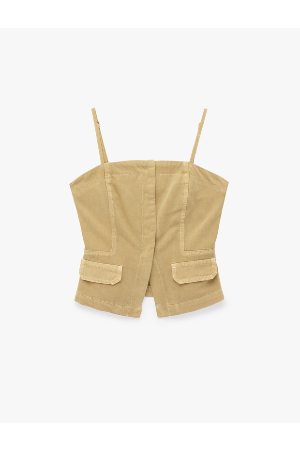 Cotton Slim Fit Pocket Detailed Square Collar Strap Corset Look Denim Blouse