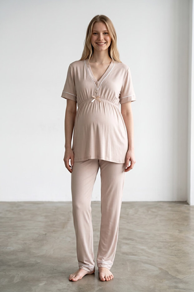 Venera Premium Contrast Piping Luxury Maternity & Postpartum Pajama Set with Easy Breastfeeding Feature
