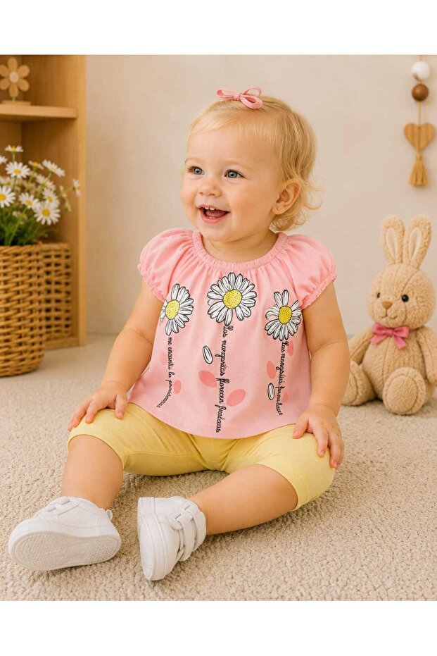 100% Cotton Linen Fabric Daisy Patterned Baby Girl Tunic & Half-Leggings - Top and Bottom Two-Piece Set
