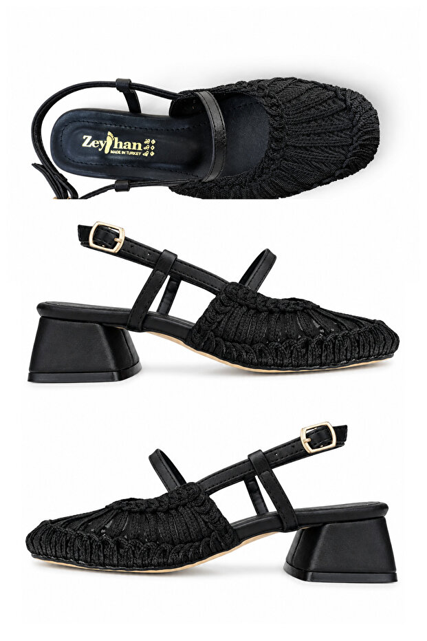 Women's Knitted Textured Short Heeled Open-Back Strap Summer Shoes