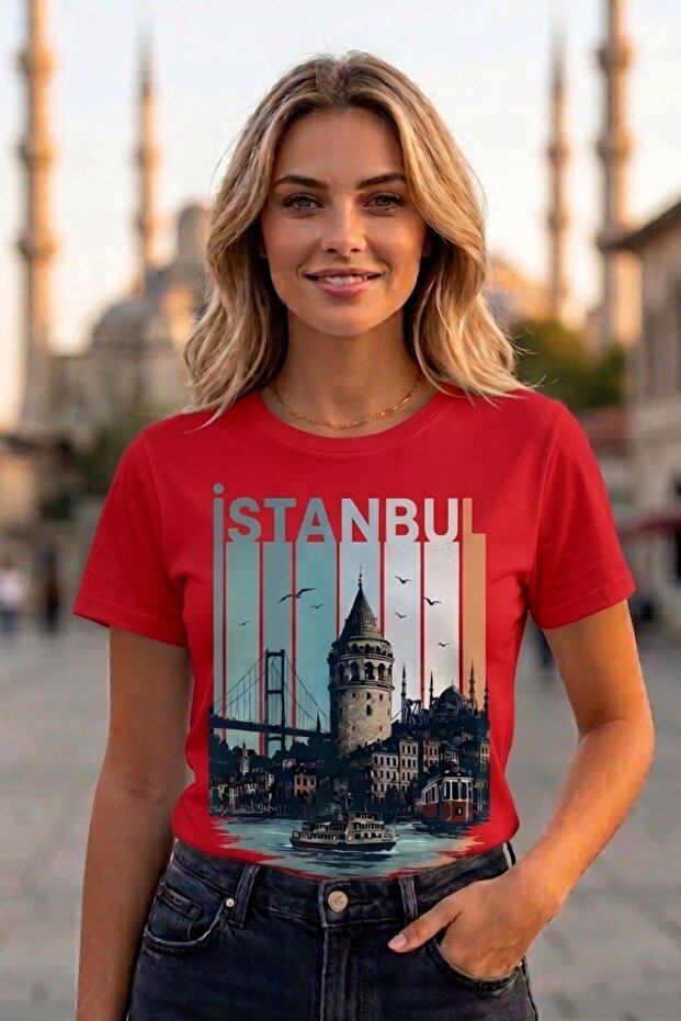 Istanbul Galata Tower Printed Vintage Unisex T-Shirt - Retro Patterned Cotton T-Shirt