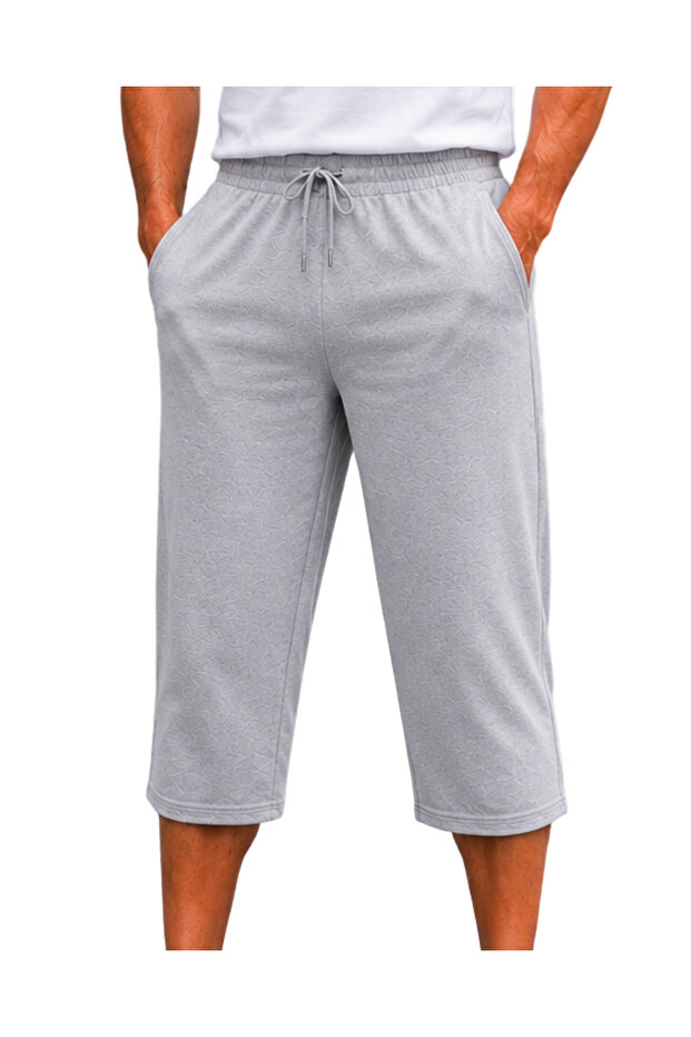 Men's Below-Knee Jacquard Long Capri Shorts, Comfortable Fit, Lace-Up, Pockets, Casual Summer Bermuda Shorts