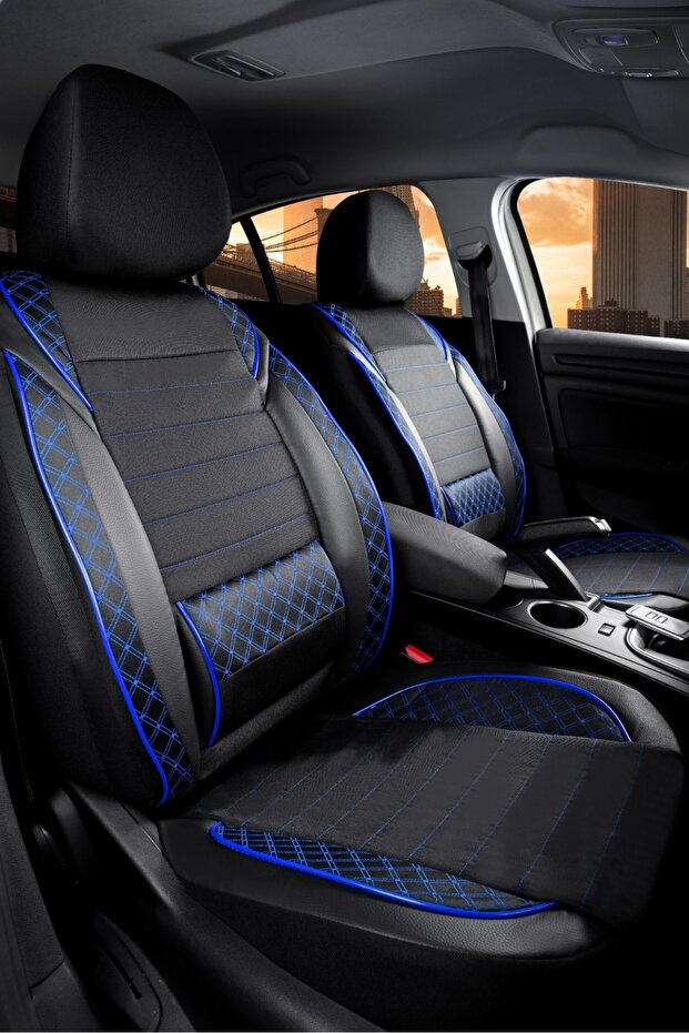 Fiat Egea Hb Compatible Leather Detailed Auto Seat Cover Full Set with Lumbar Support Fast Black-Blue