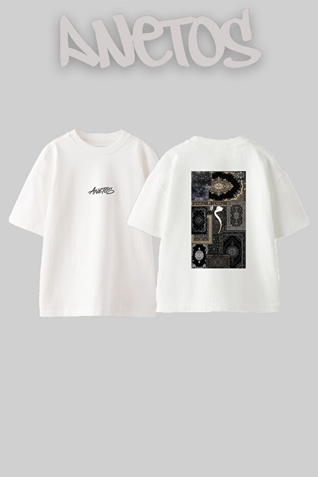 Oriental Hali Mim Letter Design Back Printed Cotton White Oversize T-Shirt