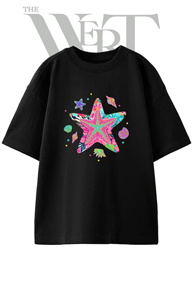 Tropical Starfish Design Printed Unisex Black Oversize T-Shirt