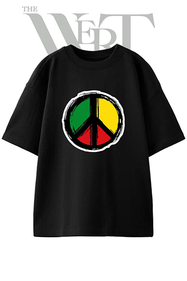 Rasta Peace Sign Design Printed Unisex Black Oversize T-Shirt