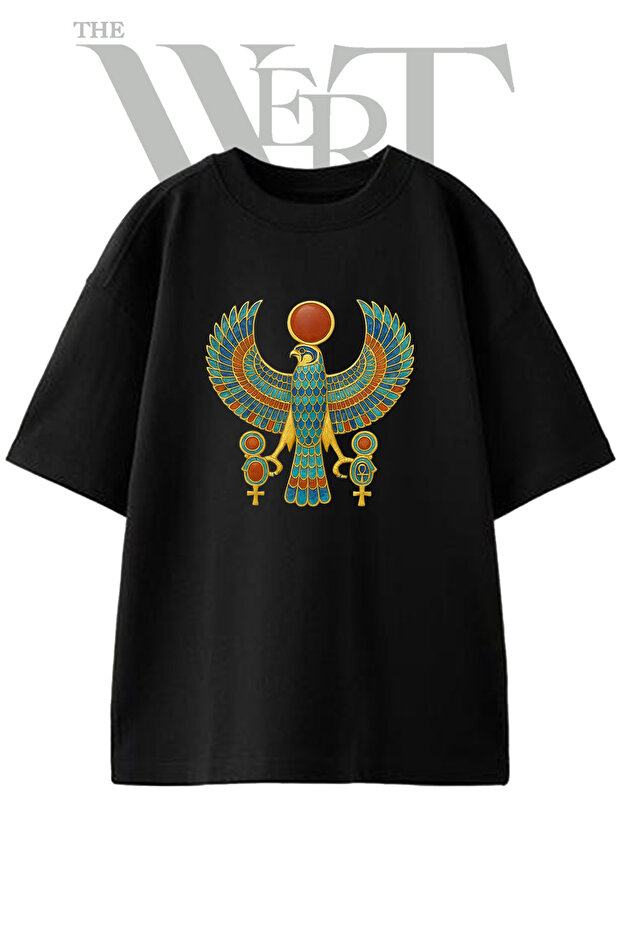 تي شيرت أسود كبير الحجم مطبوع بتصميم Horus Egyptian Design للجنسين