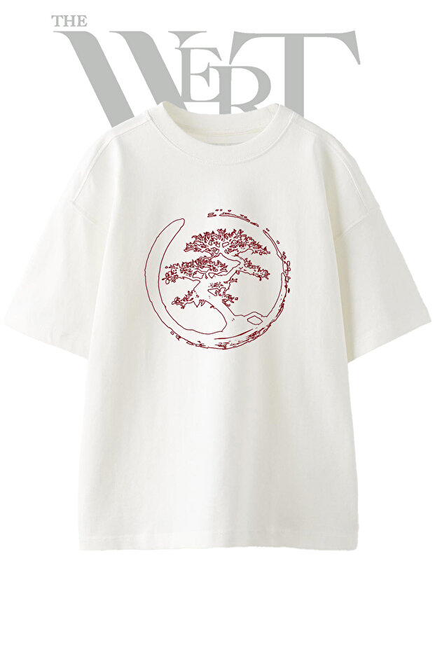 Bonsai Enso Design Printed Unisex White Oversize T-Shirt