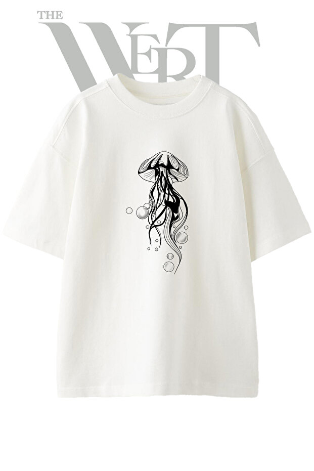 Stylized Jellyfish Design Printed Unisex White Oversize T-Shirt