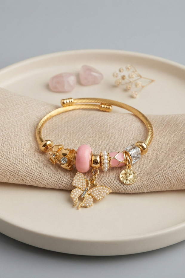 Pink Butterfly Model Gold Color Charm Bracelet - Ebj260725W44475