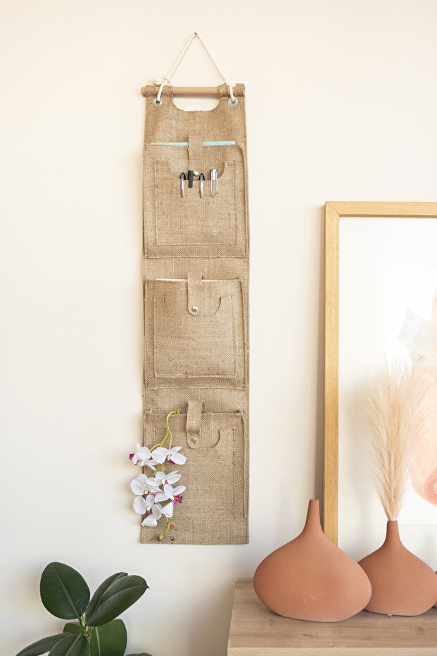 Jute 3-Pocket Multi-Purpose Hanging Wall Mounted In-Cabinet Bathroom Kitchen Organizer Organizer 102x23