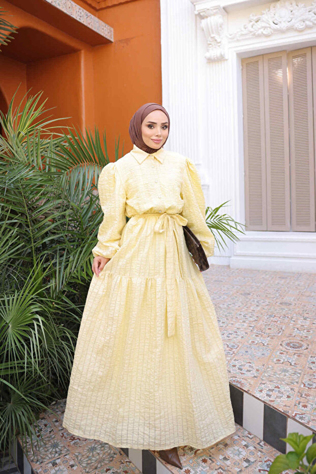 Yellow Balloon Sleeve Belted Striped Dress