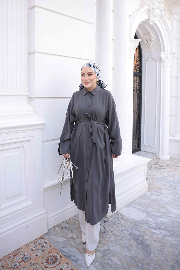 Anthracite Waist Belted Oversize Tunic with Pockets