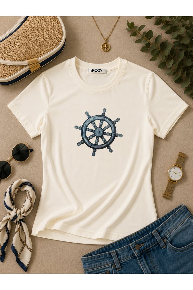 Women's Marine Printed Lycra Short Sleeve Body Tee Crop T-Shirt
