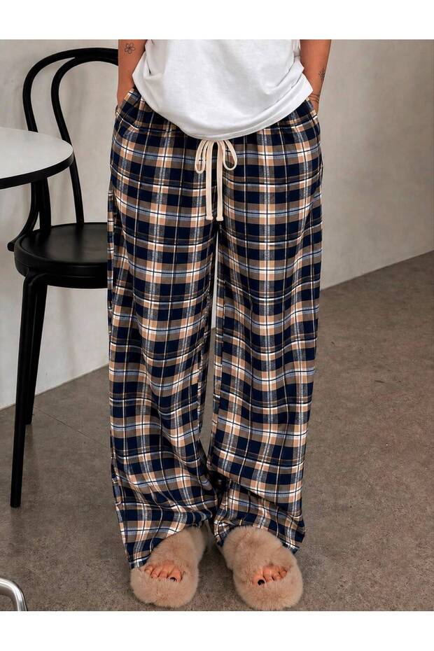 Plaid Patterned Lace-Up Relaxed Fit Wide-Leg Sweatpants / Pajama Bottoms