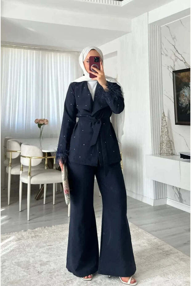 طقم سترة وبنطلون لامع - أزرق داكن